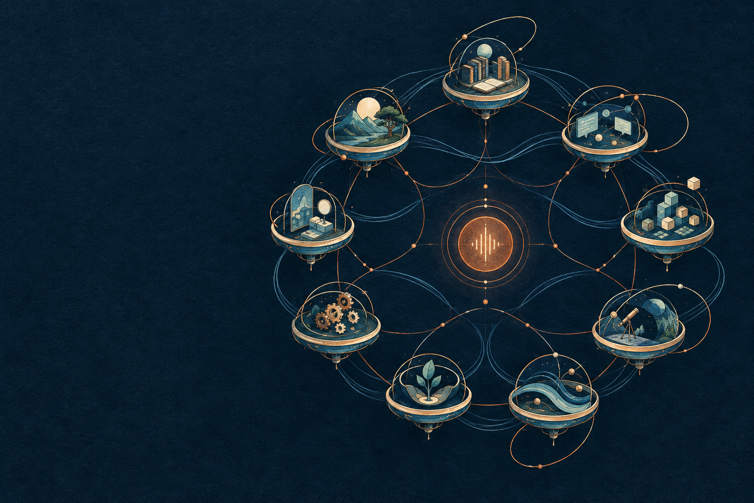 Conceptual illustration of nine distinct fields surrounding a quiet central pulse; decorative, not a scientific brain map.