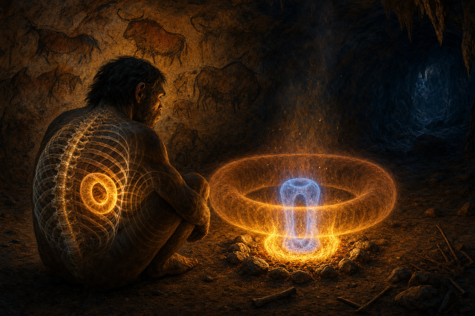 A paleolithic hominid seated near a fire where the flame and the human torso are both rendered as phase-locked toroidal plasma structures