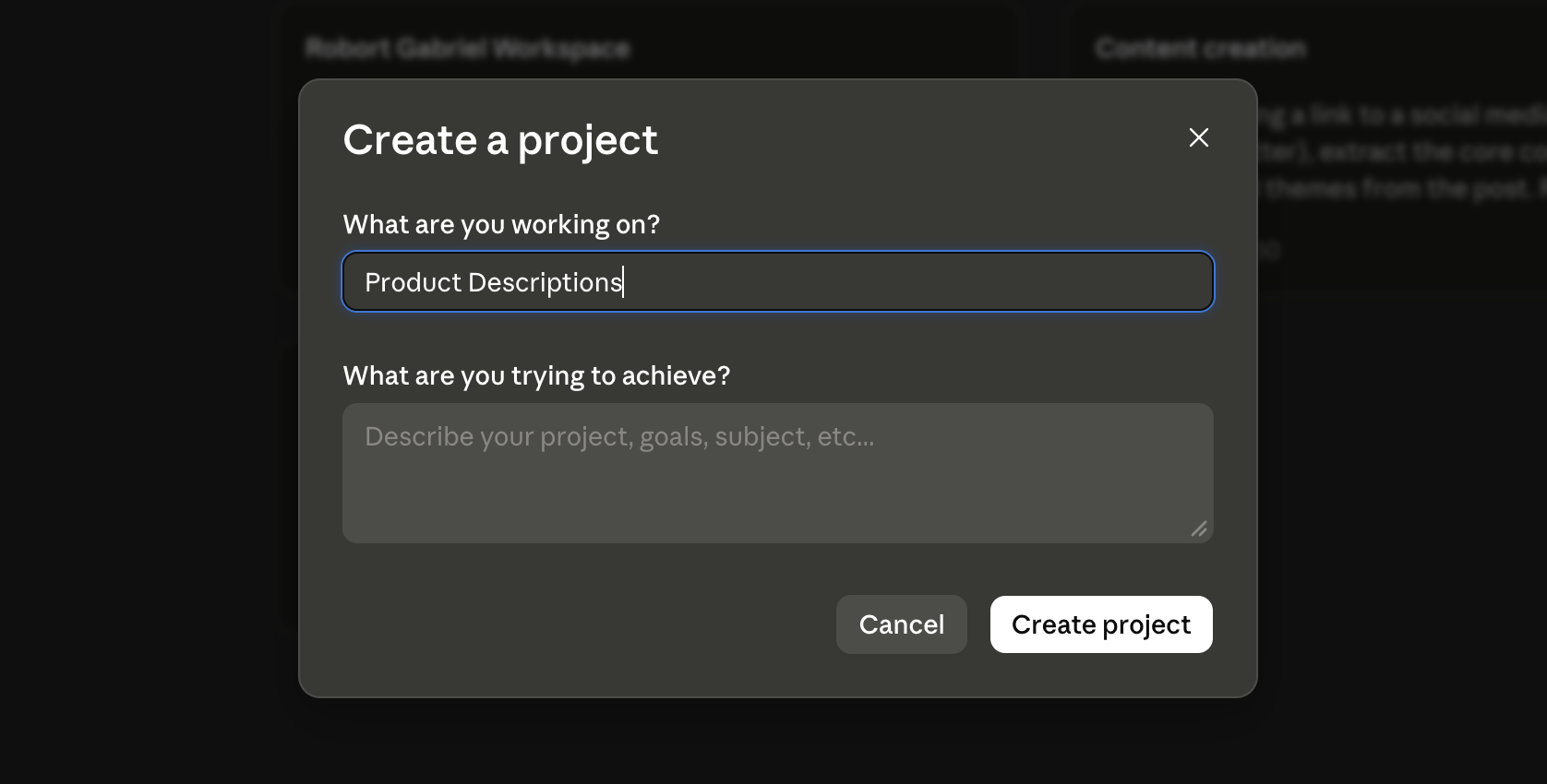 The "Create a project" dialog in Claude showing the name and goal fields filled in with "Product Descriptions"
