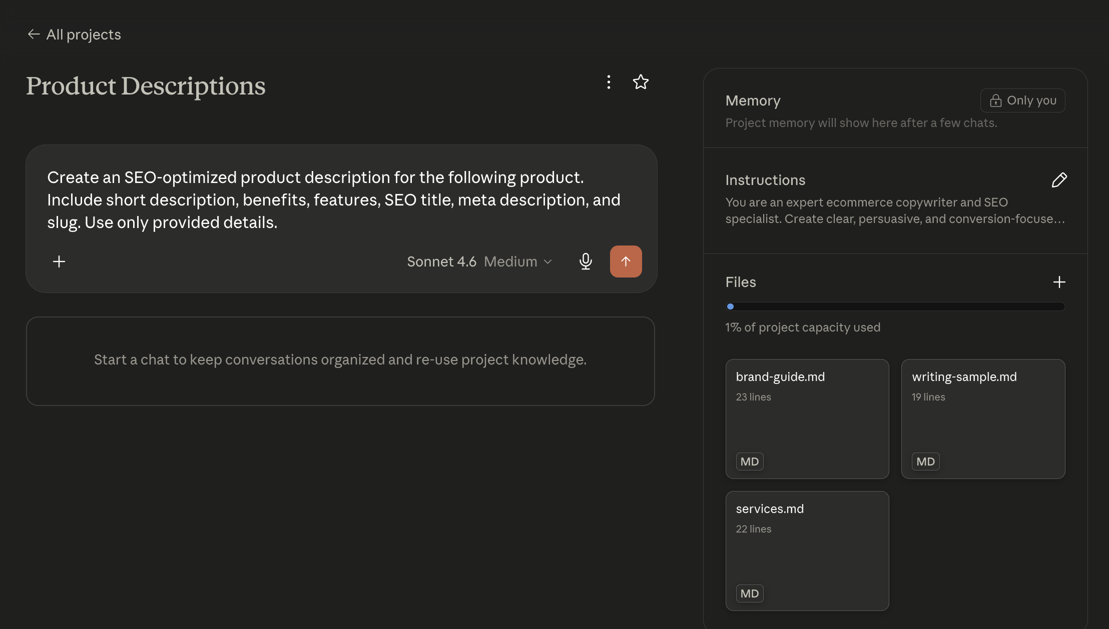 The completed "Product Descriptions" Claude Project dashboard showing the custom instructions, uploaded files, and a ready chat interface