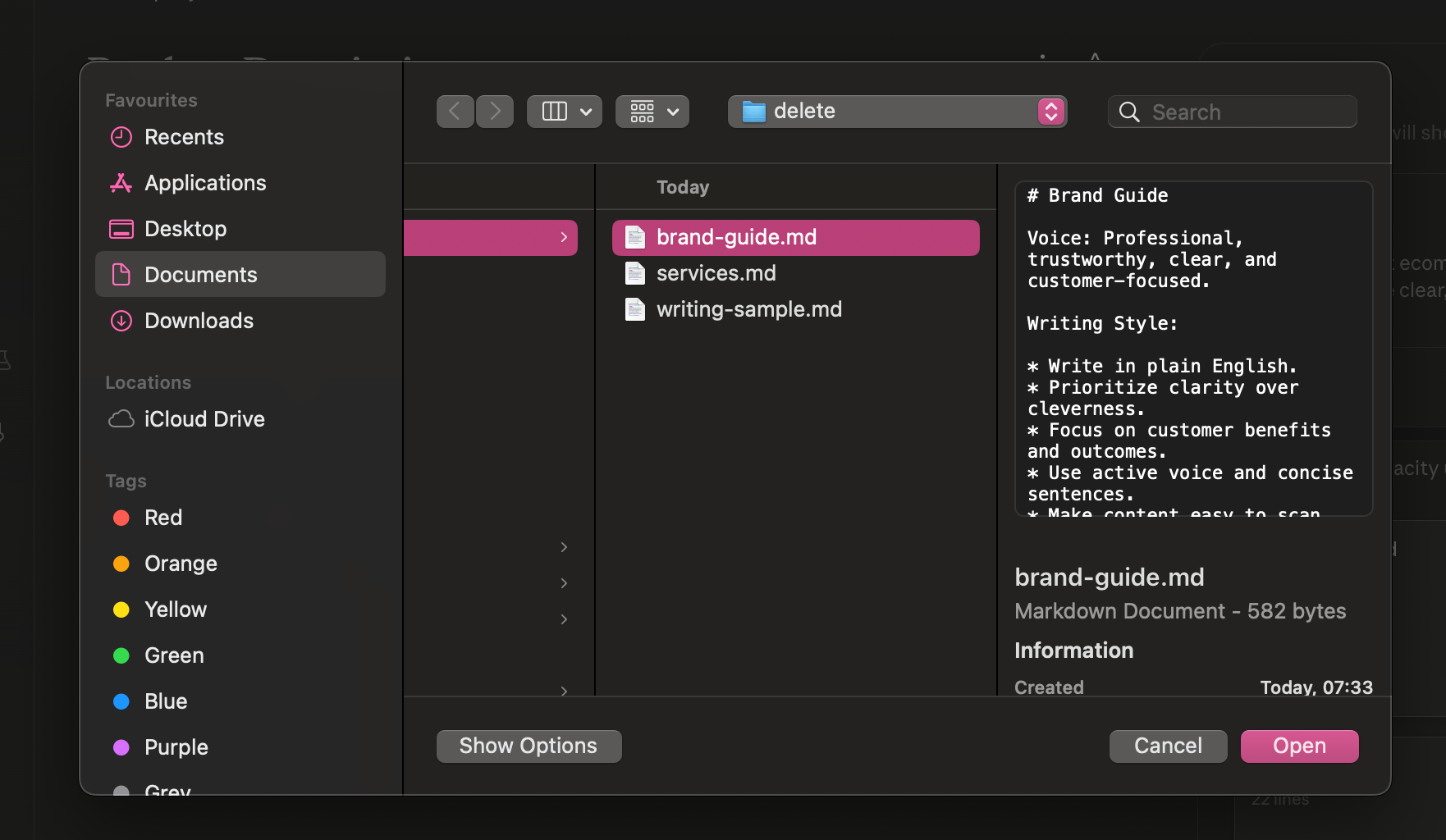 The file upload dialog showing multiple documents being added to a Claude Project: brand-guide.md, services.md, and writing-sample.md