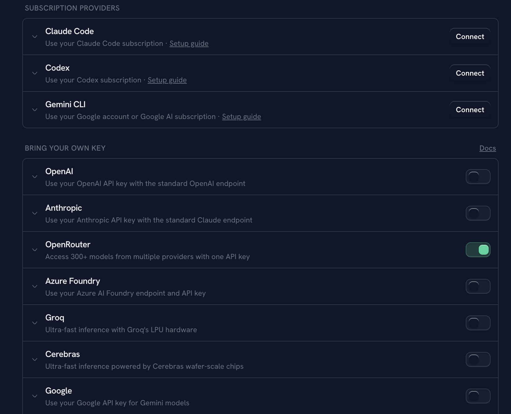 Zo Computer AI model providers settings page showing Claude Code, OpenAI, Anthropic, OpenRouter, Groq, Cerebras, and Google