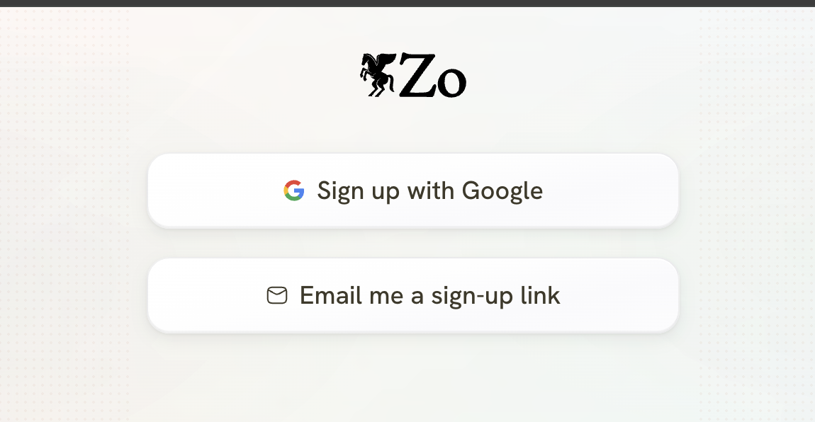 Zo Computer sign-up page with Google and email sign-up options