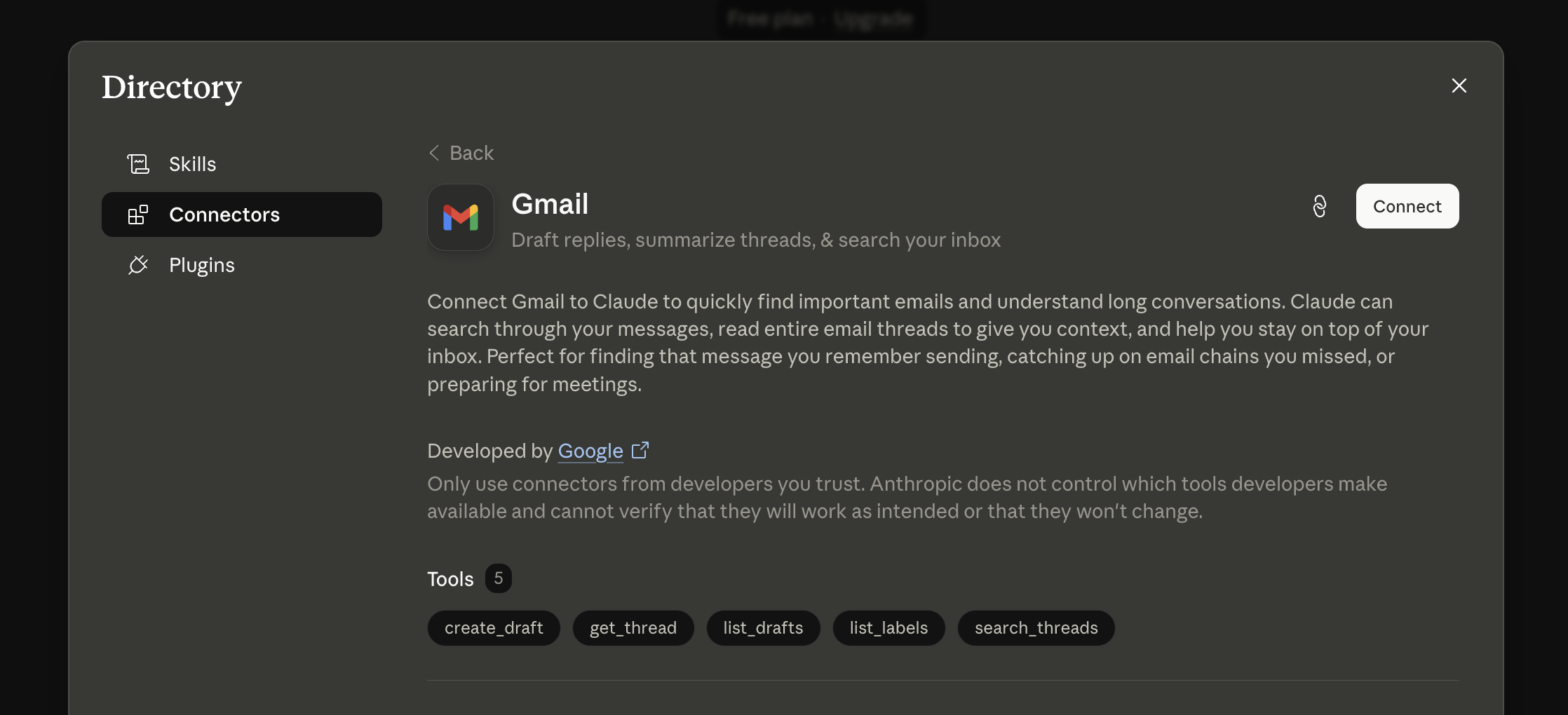 Gmail MCP connector listing specific tools like create_draft, get_thread, and search_threads