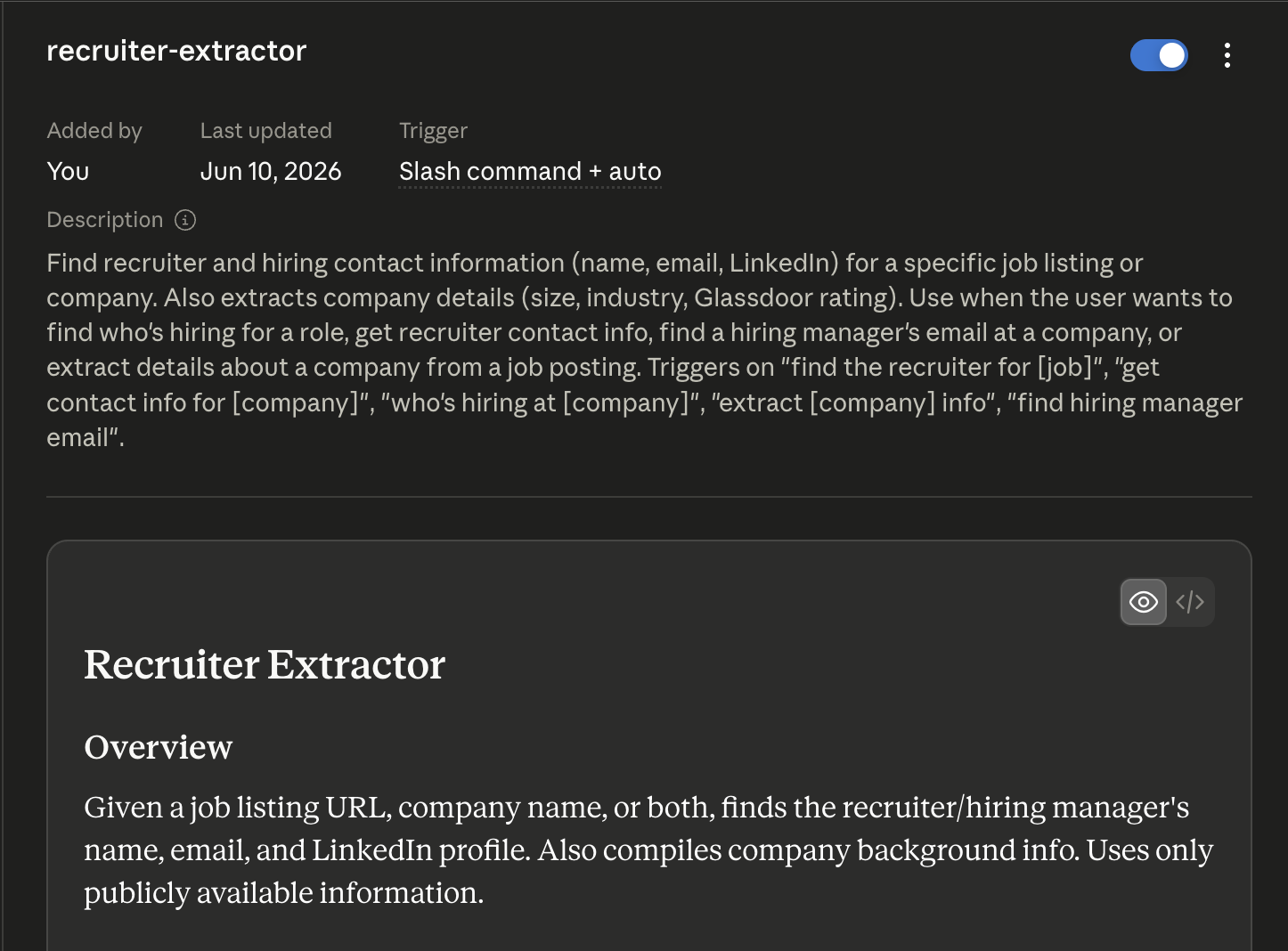 Recruiter Extractor skill card showing the skill name, description, and trigger command