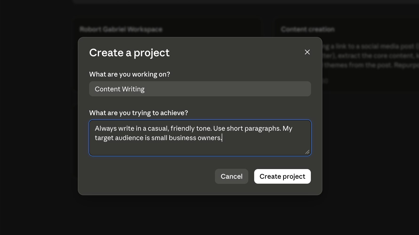Creating a new Claude AI Project with custom instructions