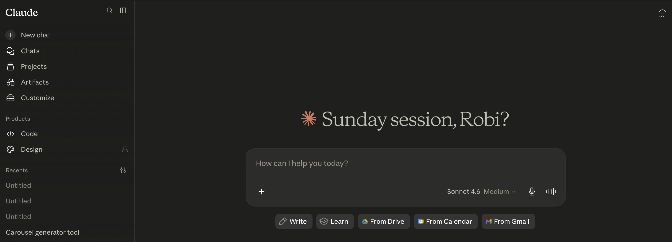 Claude AI dashboard showing the sidebar and main chat interface
